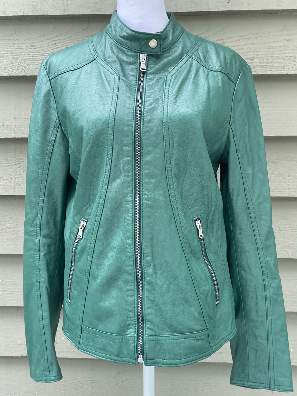 L.Y.N.N. by Carla Ferreri Women's Mint Green Leather Zip-Front Jacket size Large - Picture 2 of 10